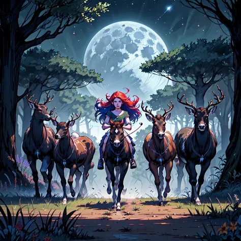 Herd of fluffy deer running, with elf woman 25 years old red and blue hair, violet forest, green night sky,moon in view , analog style, realistic, real life, extremely beautiful, highly detailed, ultra-detailed, incredibly detailed, (masterpiece, best quality, sharp focus,HDR, focus eyes and face, perfect detail, full body view)