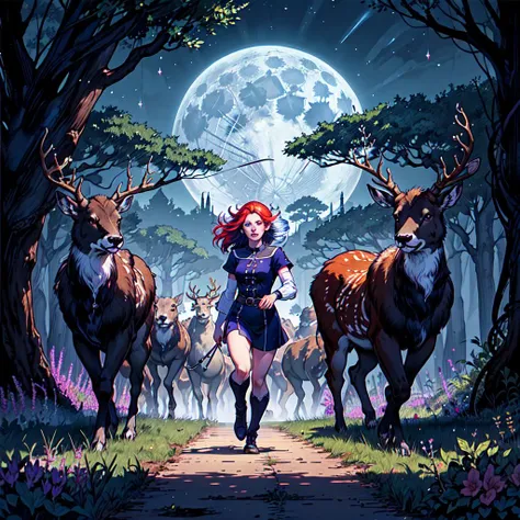 Herd of fluffy deer running, with elf woman 25 years old red and blue hair, violet forest, green night sky,moon in view , analog style, realistic, real life, extremely beautiful, highly detailed, ultra-detailed, incredibly detailed, (masterpiece, best quality, sharp focus,HDR, focus eyes and face, perfect detail, full body view), violet trees