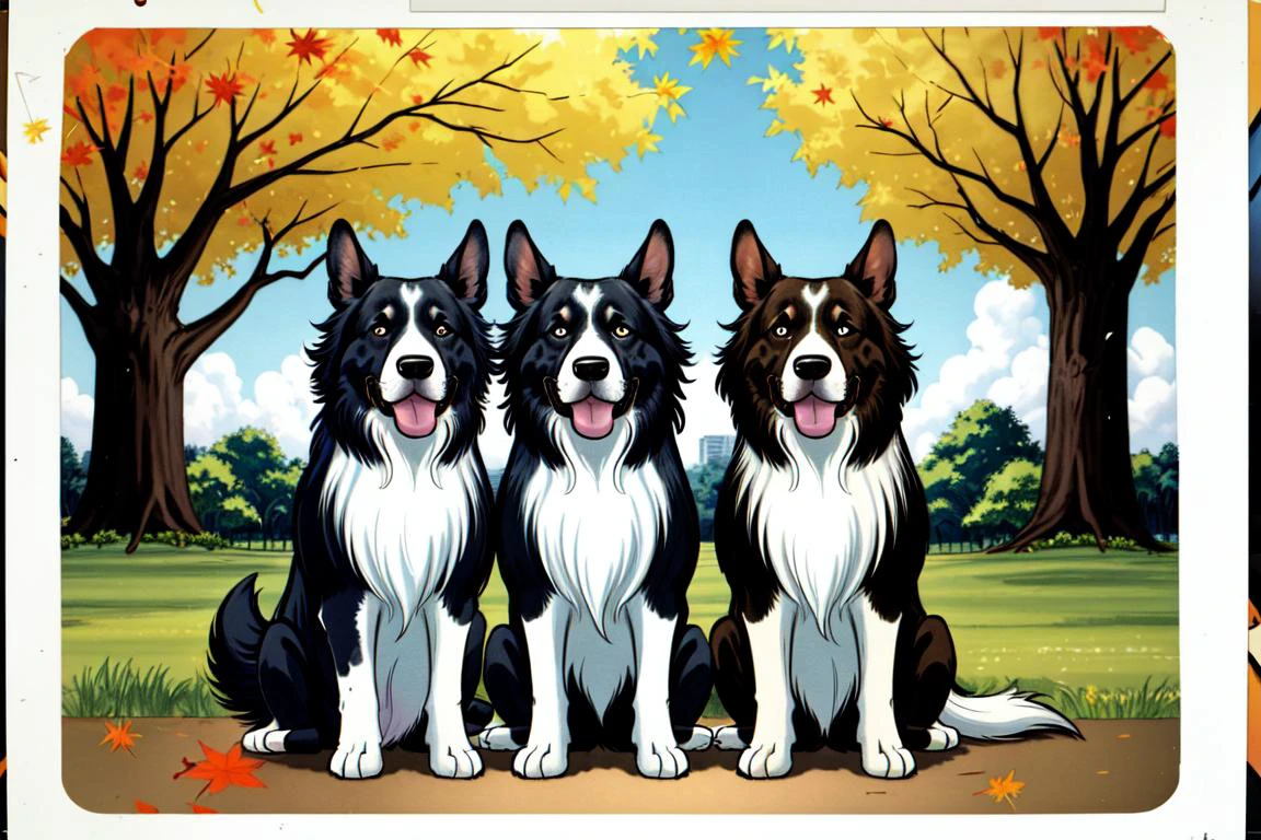 border collie, no humans, dog, happy, summer time, park setting, maple tree, friendly environment, PolaroidFilter