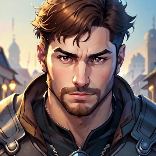 sharp focus, soft lighting, (smirk:0.7), (face portrait), (close up:1), (brown eyes), (short hair), looking away, muscular, best quality, masterpiece, highly detailed, realistic, (detailed background), depth of field, soft focus, intricate details, 8k, cartoon, a young journalist brave man