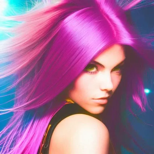 90s style, flying through space, depth_of_field, looking_at_viewer, comic book cover, tarot card border, wild colored hair, style of joe madureira,style of salvadora larocca, lisdusk1,nvinkpunk, lisdusk2