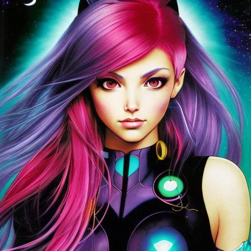90s style, flying through space, depth_of_field, looking_at_viewer, comic book cover, tarot card border, wild colored hair, style of joe madureira,style of salvadora larocca, lisdusk1,nvinkpunk, lisdusk2