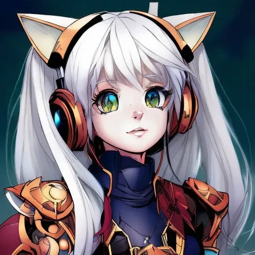 1boy, white_hair, male_focus, comic book art, animal_ears, cat_ears, looking_at_viewer, orange_sky, futuristic_celtic, sci_fi_punk, celtic elements, comic_book_style,ink_punk_style,90s comics, perfect face, perfect eyes, golden ratio,style of joe madureira,style of salvadora larocca, lisdusk1,nvinkpunk, lisdusk2