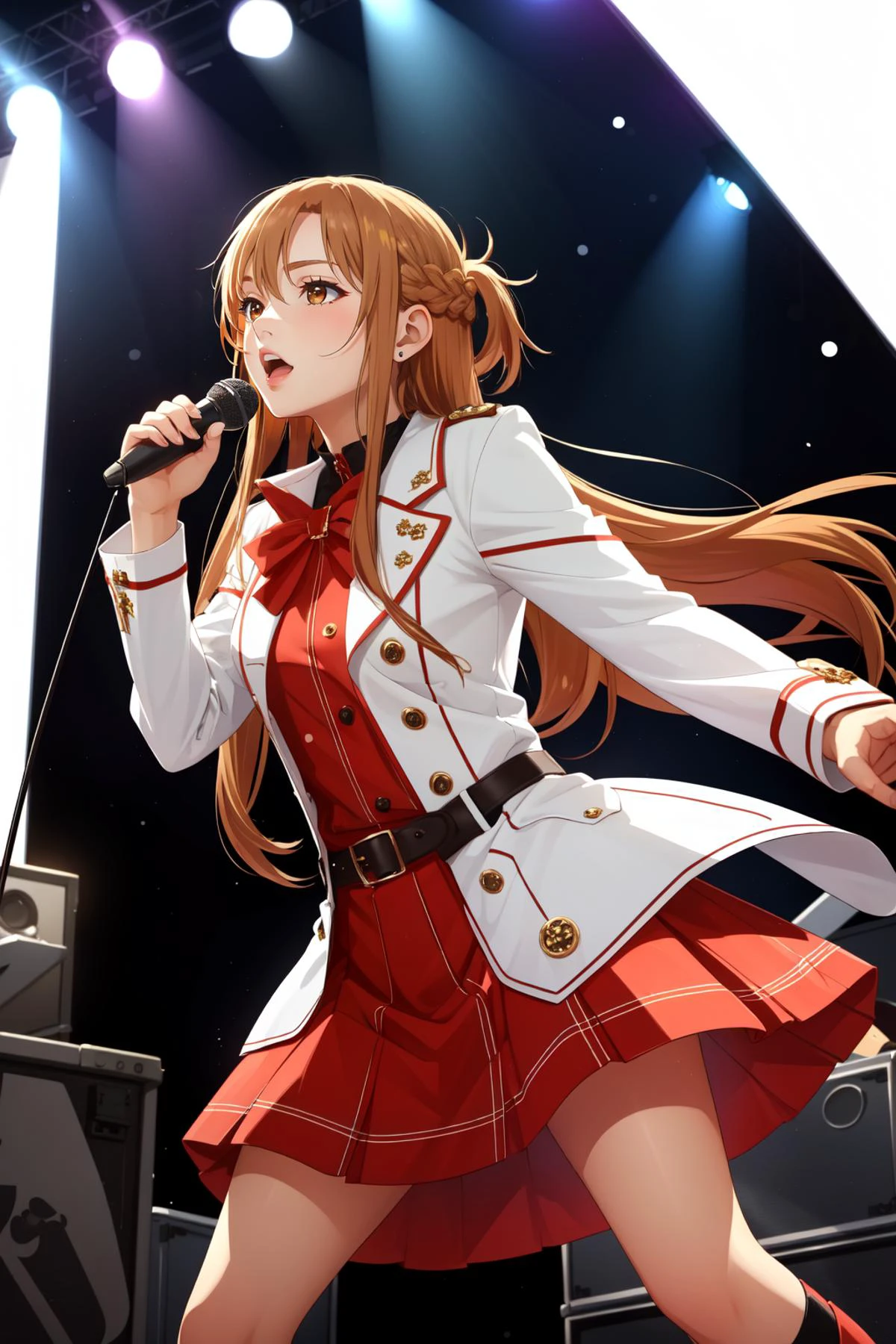 (masterpiece, best quality), intricate details,
1girl, <lora:asuna_sao-10:0.8> asuna, very long hair, skirt
indoors, singing, holding microphone, on stage, concert,