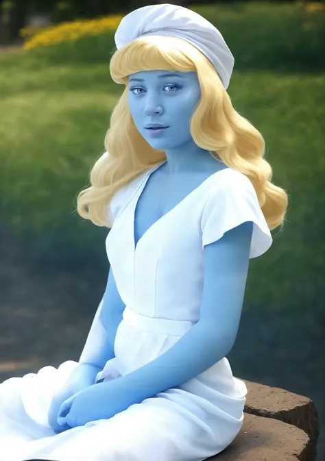 RAW photo, portrait photo of (blue woman in white dress:1.4), (smurfette:0.8), (blonde:1.3), (blue_skin:1.35), white liberty caps, sitting in park, (high detailed skin:1.2), 8k uhd, dslr, soft lighting, high quality, film grain, Fujifilm XT3, <lora:smurf_v10:0.85>