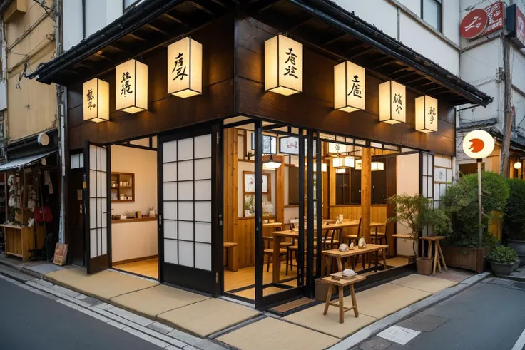 storefront,<lora:20240314-1710430939274-0006:0.5>,best qualtiy,masterpiece,japanese restaurant,japanese decoration,tatami,kimono,wooden decoration,bamboo,rice paper lamp,street,fresh,japanese decorative painting,street,japanese style wall diagram,