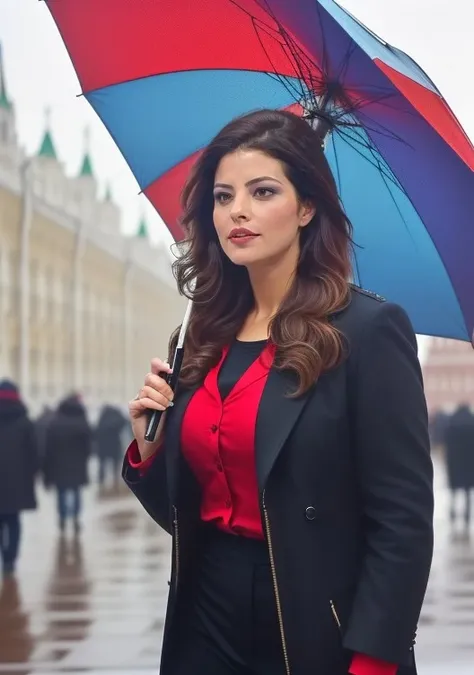 (standing:1.5) , art by Greg Rutkowski, photograph of a curvy banu_el, Groovy hair, Long layers hairstyle, Classic Eyeshadow, Acclaimed Umbrella, from inside of a Moscow, Surprising, Samsung Galaxy, macro lens, <lora:banu_el-000008:0.9>
