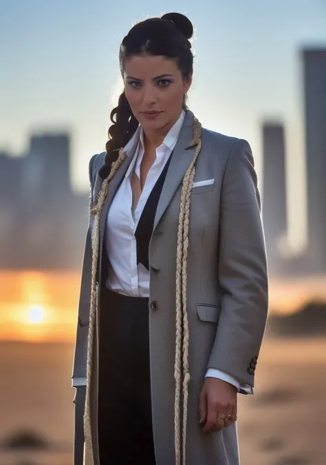 (standing:1.5) , (art by Greg Rutkowski:1.2) , photograph of a Burning Floating banu_el, Braided pigtails hairstyle, South African Headband, Pocket Square, at Dusk, deep focus, Aetherpunk, Indirect light, film grain, Nikon Z9, F/2.8, two colors, <lora:banu_el-000008:0.9>