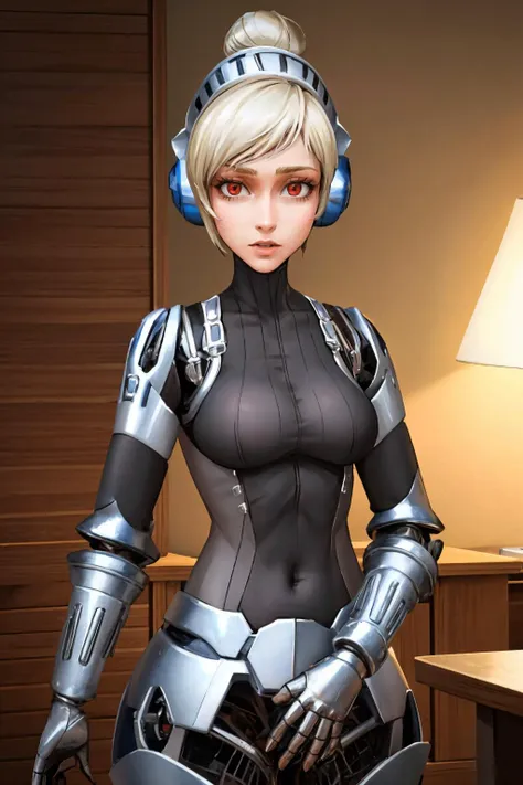 (masterpiece, best quality:1.2), 1girl, solo, looking at viewer, <lora:taffytales:0.95> taffytales, <lora:persona4u_unit024:0.95> unit024, android, single hair bun, armor