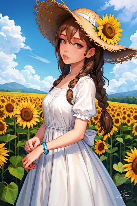 (masterpiece, best quality:1.2), <lora:taffytales:1>, taffytales, 1girl, sunflower, flower, dress, white dress, outdoors, hat, solo, sky, twin braids, braid, blue sky, straw hat, day, looking at viewer, short sleeves, holding flower, holding, cloud, bangs, jewelry, yellow flower, ribbon, long hair, bracelet, nail polish, hair between eyes, white ribbon, x hair ornament, hair ornament, standing, parted lips, puffy sleeves, brown eyes, puffy short sleeves, brown hair, sundress, cowboy shot, flower field, signature