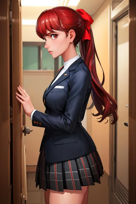 (masterpiece, best quality:1.2), 1girl, solo, looking at viewer, <lora:taffytales:0.95> taffytales, <lora:dskasumi-v2:0.95> dskasumi, red hair, long hair, ponytail, red eyes, hair bow, shuujin academy uniform, school uniform, blazer, pleated skirt