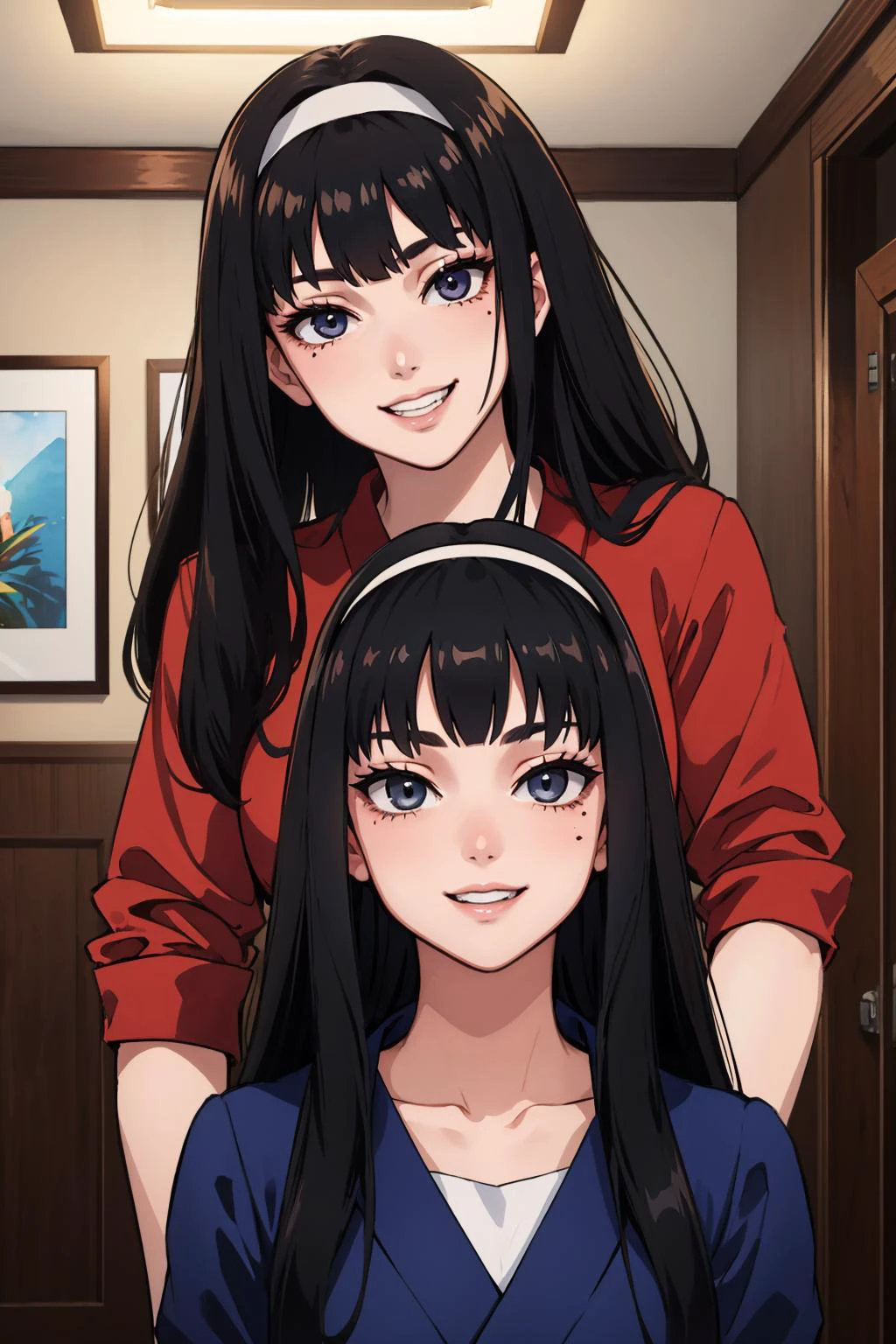 masterpiece, best quality, <lora:kawakamitomie-junjiito-richy-v1:0.9> tomie, hairband, blunt bangs, (mole under eye:0.7), 2girls, indoors, looking at viewer, grin, dimly lit, dark