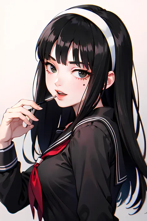 (top quality,8k wallpaper),(masterpiece,best quality:1.2),(high_resolution:1.2),(ultra details:1.2),extreme quality,sharp focus,
1girl,solo,<lora:kawakamitomie-junjiito-richy-v1:1.2> tomie,(white hairband,blunt bangs,Very long hair,(black hair:2.0)),(mole under eye:0.72),
(kinky smiling:0.2),(close mouth:1.1),beutifull face,eyeliner,(very thin eyebrows:-1.1),perfect face,sharp jaw line face,thin neck,look of fear,upward glance,
very skinny body,very Thin body,anorexia,cold-blooded gaze,white skin,
((serafuku:1.6),long sleeves),
darkness,(Detailed black linear hatching background:2.0),abstract drawing line background,black ink drop,
looking at viewer,portrait,dynamic angle,(zooming in:1.3),contrapposto pose,from side,
<lora:Japanese_style_Minimalist_Line_Illustrations:0.12>