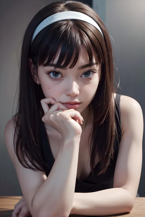(top quality,8k wallpaper),(masterpiece,best quality:1.2),(high_resolution:1.2),(ultra details:1.2),extreme quality,sharp focus,highres, soft lighting,best quality,hyper detailed,vivid color,
tomie, hairband, blunt bangs, (mole under eye:0.7),
(depth of field:2.2),stand on the table,simple background,
<lora:kawakamitomie-junjiito-richy-v1:1>