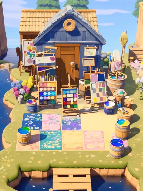masterpiece, high quality,art studio easel, paints, brushes, smock <lora:J_game_background:0.9> j_game_background