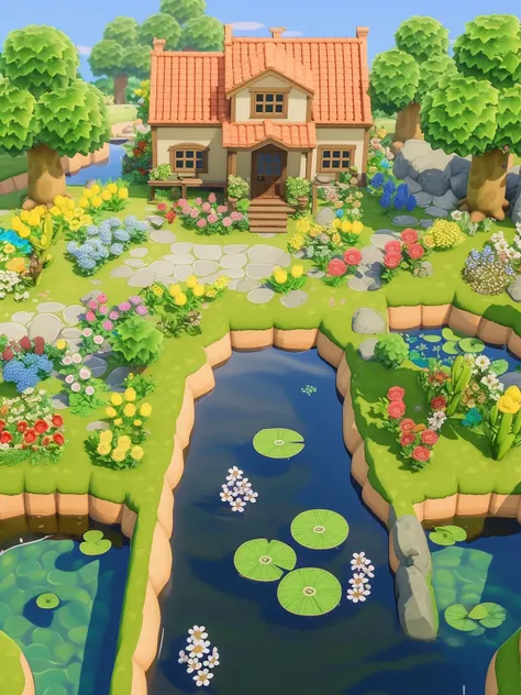 masterpiece, high quality,house, pond,flower <lora:J_game_background:0.9> j_game_background
