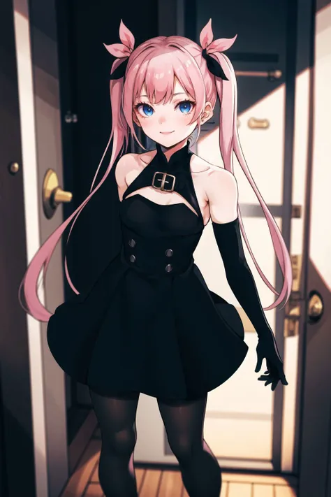 1girl,pink hair,pantyhose,blue eyes,solo,twintails,gloves,dress,elbow gloves,door,black dress,long hair,black pantyhose,standing,black gloves,indoors,smile,bare shoulders,