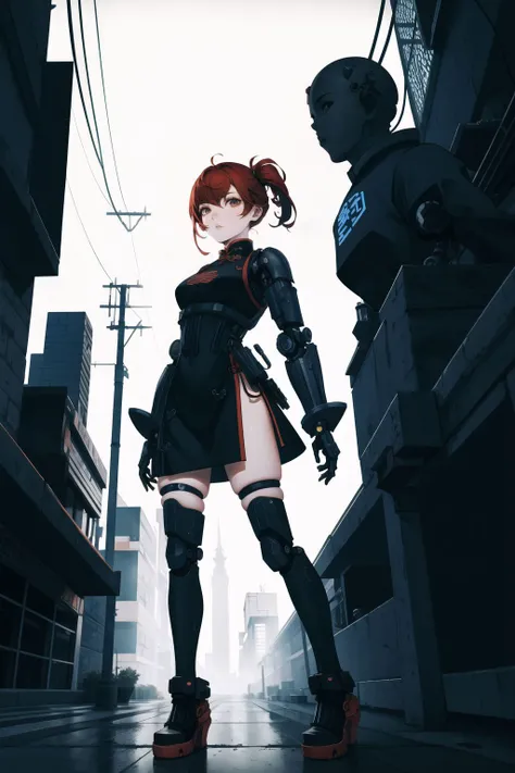 Tang Dynasty,1girl,red hair,cyberpunk,lattice,chinese architecture,China,Standing in the street,Brick house,carved beam and painted column,Semi-mechanical girl,Mechanical Prosthesis,Electronic circuit eyes,Circuit Board,Spaceship,Lightsaber,