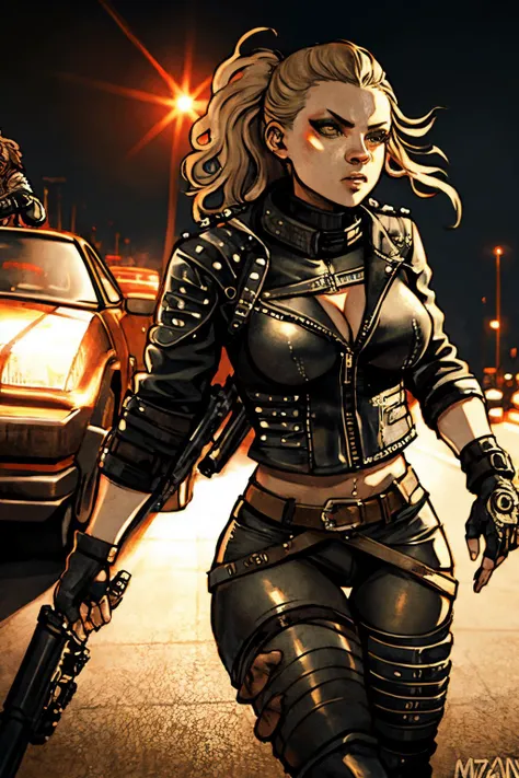 female biker gang. armed and dangerous. mad max art style. cinematic lighting.