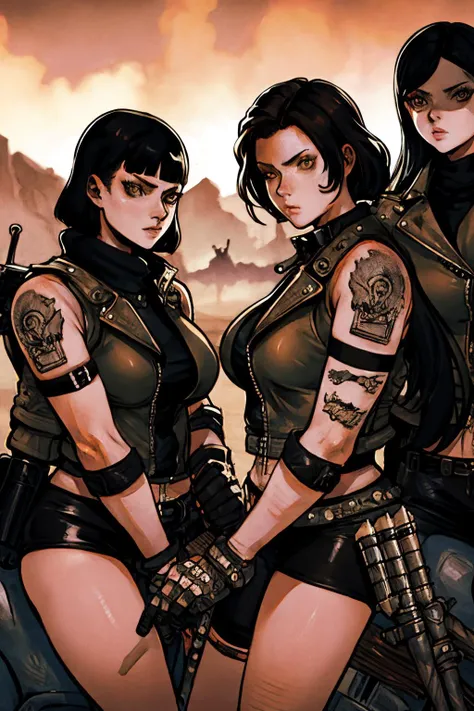 female biker gang. armed and dangerous. mad max art style. cinematic lighting.