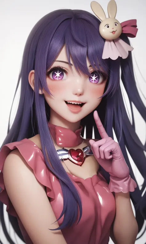 sscore_9,score_8_up,1girl,hoshino_ai_\(oshi_no_ko\),solo,upper_body,blush,smile,long_hair,purple_hair,rabbit_hair_ornament,absurdres,highres,battery_indicator,commentary_request,finger_frame,hair_between_eyes,idol_clothes,looking_at_viewer,open_mouth,pink_dress,pink_gloves,purple_eyes,star-shaped_pupils,star_in_eye,,<lora:oshi_no_ko:0.8>