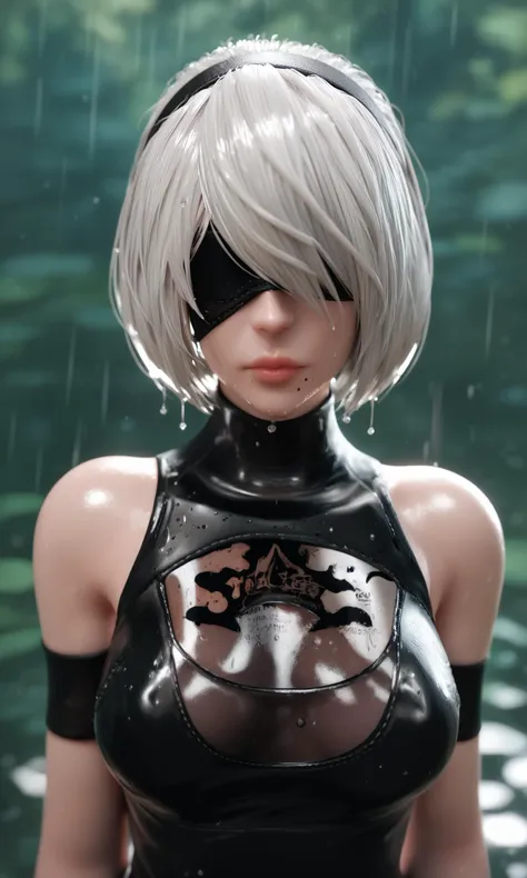 score_9,score_8_up,score_7_up,shiny_skin,
1girl,yorha no. 2 type b,solo,breasts,covered eyes,black blindfold,short hair,dress,bare shoulders,medium breasts,closed mouth,upper body,white hair,hairband,sleeveless,mole,blurry,black dress,lips,wet,depth of field,blurry background,turtleneck,black hairband,wet clothes,mole under mouth,facing viewer,rain,water drop,blindfold,wet hair