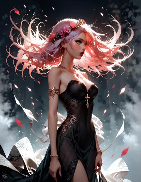 score_9, score_8_up, score_7_up, ((girl with white blindfold)), stands among flying particles, ((strong wind)), necklace with a cross, (black dress falls off her shoulders), black lips, open shoulders, (wreath of pink roses on the head), short black hair