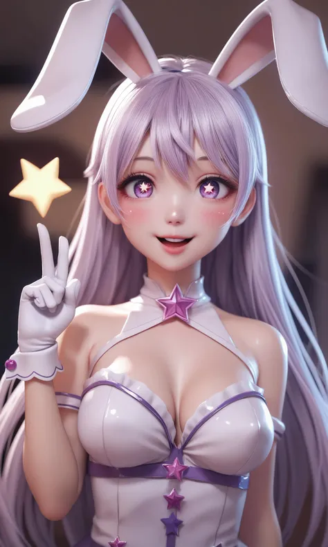 sscore_9,score_8_up,1girl,hoshino_ai_\(oshi_no_ko\),solo,upper_body,blush,smile,long_hair,purple_hair,rabbit_hair_ornament,absurdres,highres,battery_indicator,commentary_request,finger_frame,hair_between_eyes,idol_clothes,looking_at_viewer,open_mouth,pink_dress,pink_gloves,purple_eyes,star-shaped_pupils,star_in_eye,