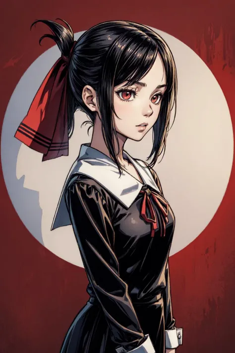 thick outlines, comics, photorealistic, 1girl, solo, small breasts, standing, <lora:shinomiya_kaguya:0.8>, shinomiya_kaguya, parted bangs, red ribbon, hair ribbon, folded ponytail, black dress, school uniform, long sleeves, neck ribbon, office, detailed background, detailed face, detailed eyes, <lora:add_detail:0.7>