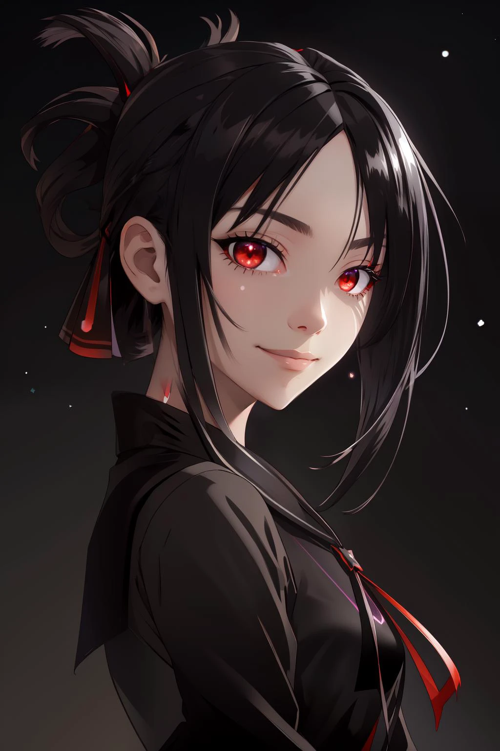 (masterpiece, extreme details:1.4), 1girl,looking at viewer, smile, high contrast, light reflection, night sky
glowing, colorful, detailled background, outdoors, cliff, stars
<lora:kaguya-08:0.8> shinomiya_kaguya,((black dark gradient hair:1.5)),, parted bangs, ribbon, red ribbon, hair ribbon, folded ponytail, dress, black dress, school uniform, long sleeves, neck ribbon