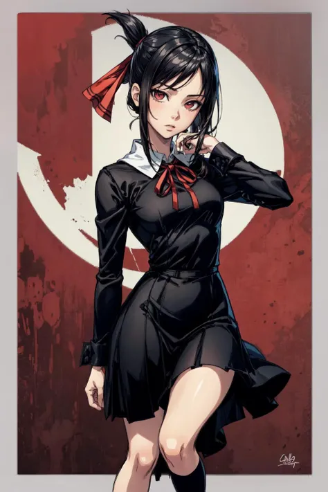 thick outlines, comics, photorealistic, 1girl, solo, flat chest, full body, dynamic pose, <lora:shinomiya_kaguya:0.8>, shinomiya_kaguya, parted bangs, ribbon, red ribbon, hair ribbon, folded ponytail, dress, black dress, school uniform, long sleeves, neck ribbon, office, detailed background, detailed face, detailed eyes, <lora:add_detail:0.7>