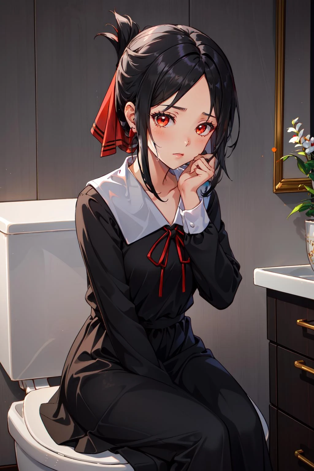 (masterpiece, best quality), intricate details,
1girl, <lora:kaguya-08:0.8> shinomiya_kaguya,((black dark gradient hair:1.2)),, parted bangs, ribbon, red ribbon, hair ribbon, folded ponytail, dress, black dress, school uniform, long sleeves, neck ribbon
sweating, hot,
indoors, , bathroom, sitting on toilet, using bathroom,