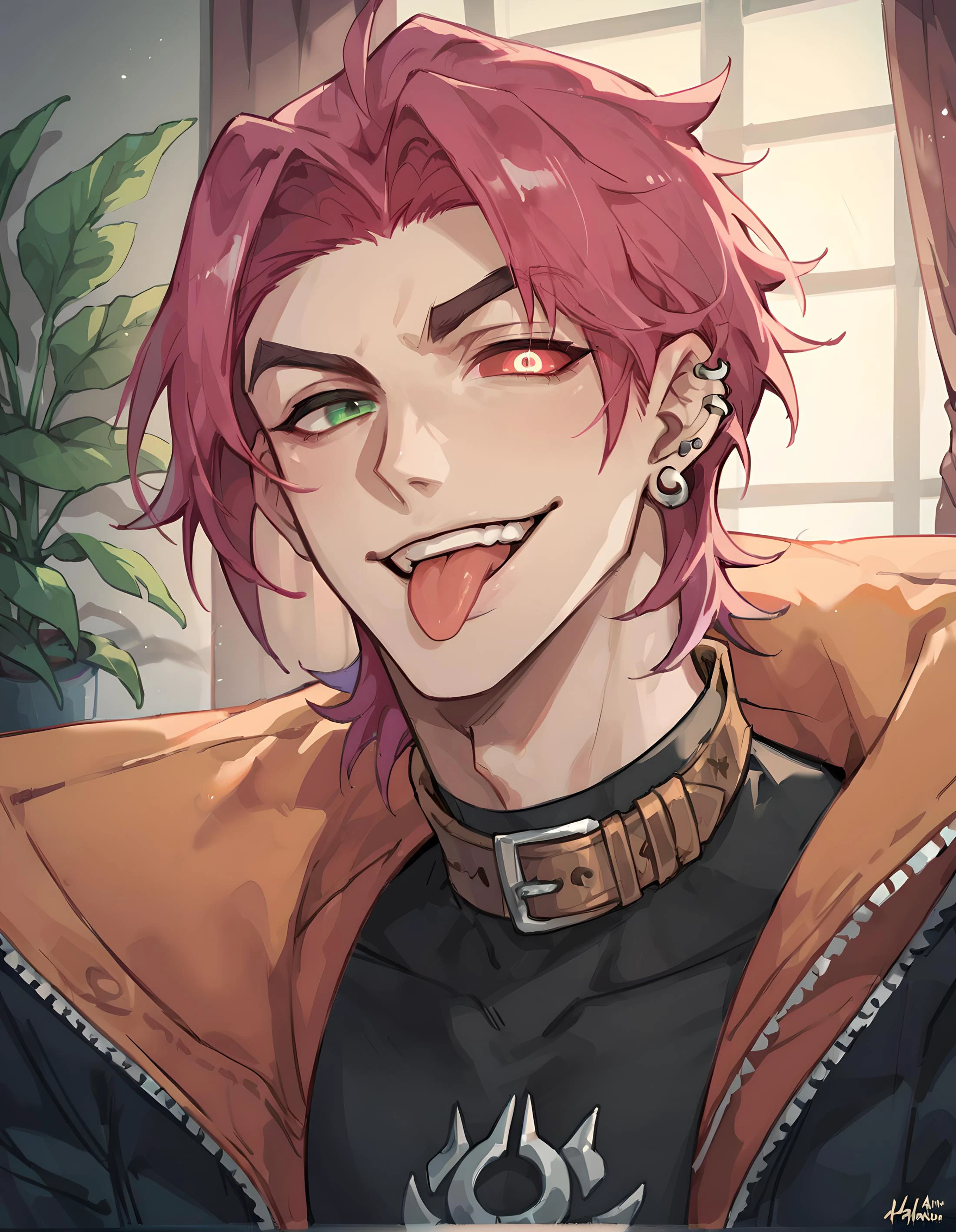 score_9, score_8_up, score_7_up, hs kayn, solo, looking at viewer, smile, short hair, shirt, gloves, 1boy, jewelry, green eyes, jacket, pink hair, male focus, earrings, teeth, black gloves, fingerless gloves, grin, collar, parted bangs, black shirt, eyepatch, single earring, one eye covered,
<lora:HS_Kayn_Test2:0.76>, zPDXL, indoors