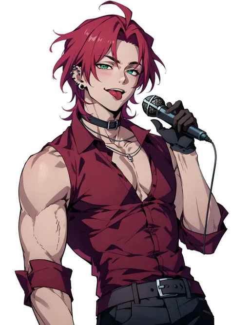 hskayn, solo, looking at viewer, smile,shirt, red eyes, gloves, 1boy, holding, jewelry, green eyes, male focus, red hair, earrings, teeth, sleeveless, choker, tongue, black gloves, pants, tongue out, necklace, parted bangs, muscular, heterochromia, black choker, black pants, piercing, pectorals, muscular male, red shirt, ear piercing, microphone, o-ring, holding microphone, pectoral cleavage, 
 <lora:Heartsleet_Kayn2:0.7>,