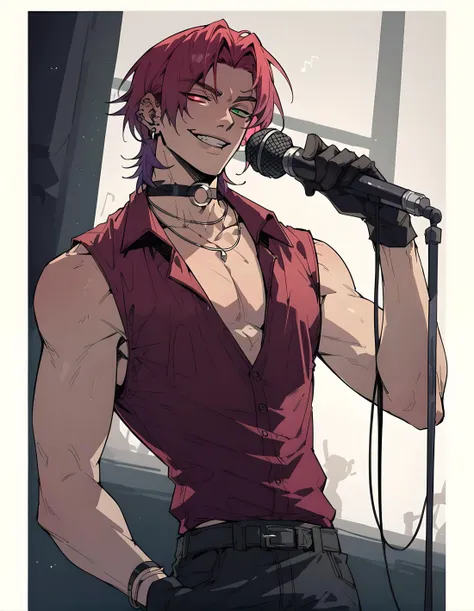 score_9, score_8_up, score_7_up, hs kayn, solo, looking at viewer, smile, shirt, red eyes, gloves, 1boy, holding, jewelry, green eyes, male focus, red hair, earrings, sleeveless, choker, black gloves, pants, necklace, parted bangs, heterochromia, black choker, black pants, piercing, pectorals, red shirt, ear piercing, microphone, o-ring, holding microphone, pectoral cleavage, 
<lora:HS_Kayn_Test2:0.72>, zPDXL, <lora:Sinozick_Style_XL_Pony:0.88>, singing