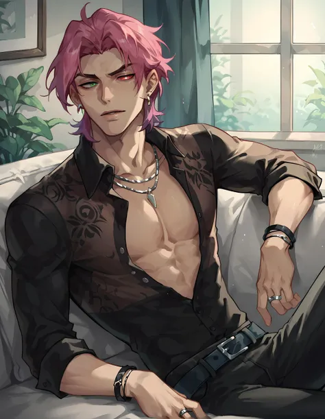 score_9, score_8_up, score_7_up, hs kayn, solo, looking at viewer, shirt, 1boy, jewelry, sitting on sofa, upper body, pink hair, male focus, earrings, open clothes, collared shirt, belt, pants, necklace, bracelet, black shirt, open shirt, dress shirt, black pants, ring, pectorals, belt buckle, pectoral cleavage, heterochromia, green eyes, red eyes,
<lora:HS_Kayn_Test2:0.76>, zPDXL, indoors, night