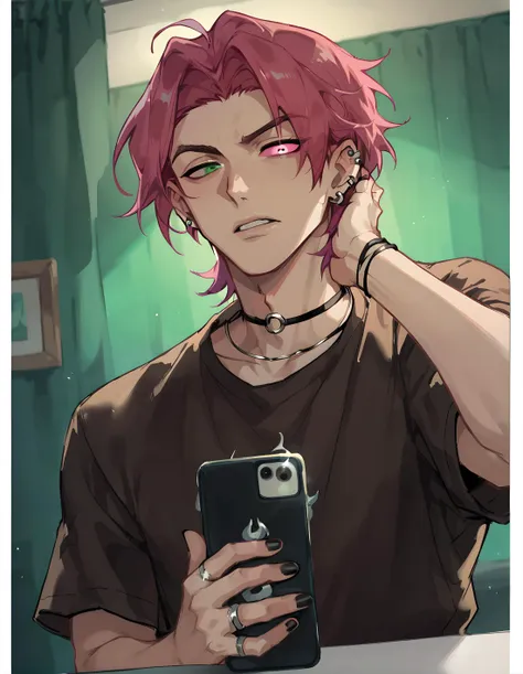 score_9, score_8_up, score_7_up, hs kayn, solo, looking at viewer, short hair, shirt, 1boy, holding, jewelry, green eyes, jacket, upper body, pink hair, short sleeves, male focus, red hair, earrings, parted lips, open clothes, teeth, pink eyes, black shirt, heterochromia, phone, piercing, ring, cellphone, ear piercing, black nails, holding phone, green background, hand in own hair, brown shirt
<lora:HS_Kayn_Test2:0.76>, zPDXL, indoors, night