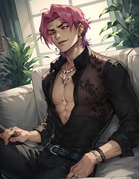 score_9, score_8_up, score_7_up, hs kayn, solo, looking at viewer, shirt, 1boy, jewelry, sitting on sofa, upper body, pink hair, male focus, earrings, open clothes, collared shirt, belt, pants, necklace, bracelet, black shirt, open shirt, dress shirt, black pants, ring, pectorals, belt buckle, pectoral cleavage, heterochromia, green eyes, red eyes,
<lora:HS_Kayn_Test2:0.76>, zPDXL, indoors, night