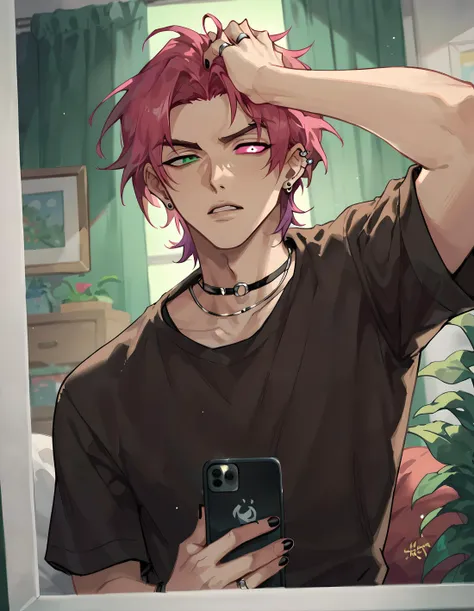 score_9, score_8_up, score_7_up, hs kayn, solo, looking at viewer, short hair, shirt, 1boy, holding, jewelry, green eyes, jacket, upper body, pink hair, short sleeves, male focus, red hair, earrings, parted lips, open clothes, teeth, pink eyes, black shirt, heterochromia, phone, piercing, ring, cellphone, ear piercing, black nails, holding phone, green background, hand in own hair, brown shirt
<lora:HS_Kayn_Test2:0.76>, zPDXL, indoors, night