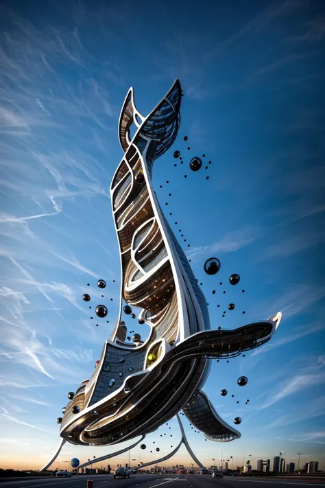 A futuristic and stunningly beautiful high-rise shopping center architectural structure with bold, futuristic design elements, blending seamlessly into the art form of digital illustration. Inspired by the works of Syd Mead. The scene showcases the center amidst a bustling city, its sleek lines contrasting with the urban environment. A warm color temperature adds vibrancy, highlighting the architectural details. Shoppers and visitors exhibit expressions of awe and excitement. Illuminated by soft, diffused lighting, the atmosphere exudes sophistication and promise of tomorrow
(masterpiece),(high quality), best quality, real,(realistic), super detailed, (full detail),(4k),8k,no humans, scenery, building, ((500-meter tall buildings)),outdoors, window, road, sky, street, lamppost, tree, power lines,,Organic modernist architecture, glass curtain walls, interesting shapes, super high-rise buildings in the block