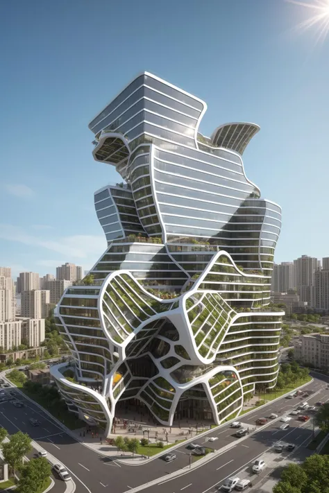 A futuristic and stunningly beautiful high-rise shopping center architectural structure with bold, futuristic design elements, blending seamlessly into the art form of digital illustration. Inspired by the works of Syd Mead. The scene showcases the center amidst a bustling city, its sleek lines contrasting with the urban environment. A warm color temperature adds vibrancy, highlighting the architectural details. Shoppers and visitors exhibit expressions of awe and excitement. Illuminated by soft, diffused lighting, the atmosphere exudes sophistication and promise of tomorrow
(masterpiece),(high quality), best quality, real,(realistic), super detailed, (full detail),(4k),8k,no humans, scenery, building, ((500-meter tall buildings)),outdoors, window, road, sky, street, lamppost, tree, power lines,,Organic modernist architecture, glass curtain walls, interesting shapes, super high-rise buildings in the block
