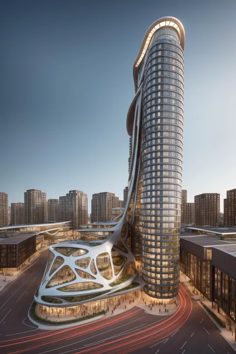 A futuristic and stunningly beautiful high-rise shopping center architectural structure with bold, futuristic design elements, blending seamlessly into the art form of digital illustration. Inspired by the works of Syd Mead. The scene showcases the center amidst a bustling city, its sleek lines contrasting with the urban environment. A warm color temperature adds vibrancy, highlighting the architectural details. Shoppers and visitors exhibit expressions of awe and excitement. Illuminated by soft, diffused lighting, the atmosphere exudes sophistication and promise of tomorrow
(masterpiece),(high quality), best quality, real,(realistic), super detailed, (full detail),(4k),8k,no humans, scenery, building, ((500-meter tall buildings)),outdoors, window, road, sky, street, lamppost, tree, power lines,,Organic modernist architecture, glass curtain walls, interesting shapes, super high-rise buildings in the block