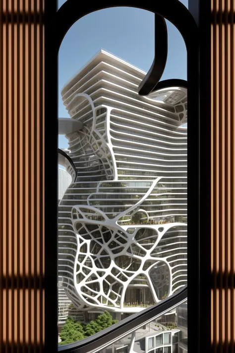 A futuristic and stunningly beautiful high-rise shopping center architectural structure with bold, futuristic design elements, blending seamlessly into the art form of digital illustration. Inspired by the works of Syd Mead. The scene showcases the center amidst a bustling city, its sleek lines contrasting with the urban environment. A warm color temperature adds vibrancy, highlighting the architectural details. Shoppers and visitors exhibit expressions of awe and excitement. Illuminated by soft, diffused lighting, the atmosphere exudes sophistication and promise of tomorrow
(masterpiece),(high quality), best quality, real,(realistic), super detailed, (full detail),(4k),8k,no humans, scenery, building, ((500-meter tall buildings)),outdoors, window, road, sky, street, lamppost, tree, power lines,,Organic modernist architecture, glass curtain walls, interesting shapes, super high-rise buildings in the block