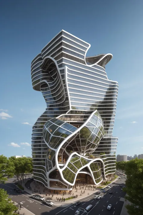 A futuristic and stunningly beautiful high-rise shopping center architectural structure with bold, futuristic design elements, blending seamlessly into the art form of digital illustration. Inspired by the works of Syd Mead. The scene showcases the center amidst a bustling city, its sleek lines contrasting with the urban environment. A warm color temperature adds vibrancy, highlighting the architectural details. Shoppers and visitors exhibit expressions of awe and excitement. Illuminated by soft, diffused lighting, the atmosphere exudes sophistication and promise of tomorrow
(masterpiece),(high quality), best quality, real,(realistic), super detailed, (full detail),(4k),8k,no humans, scenery, building, ((500-meter tall buildings)),outdoors, window, road, sky, street, lamppost, tree, power lines,,Organic modernist architecture, glass curtain walls, interesting shapes, super high-rise buildings in the block