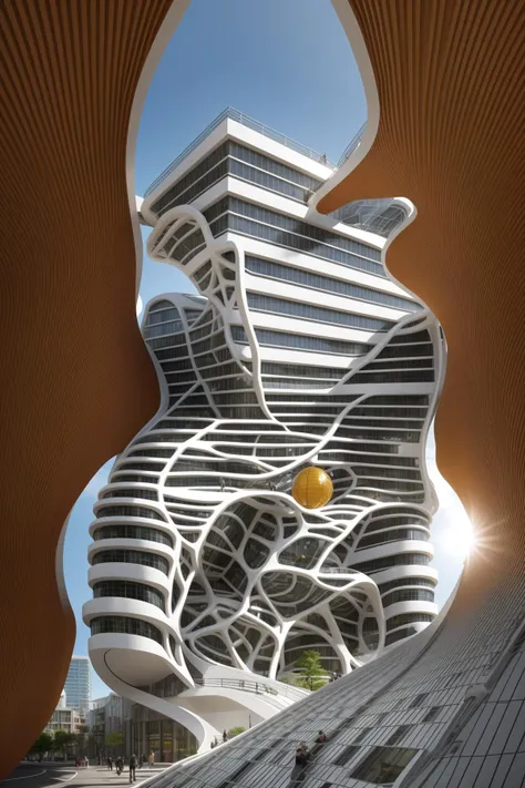 A futuristic and stunningly beautiful high-rise shopping center architectural structure with bold, futuristic design elements, blending seamlessly into the art form of digital illustration. Inspired by the works of Syd Mead. The scene showcases the center amidst a bustling city, its sleek lines contrasting with the urban environment. A warm color temperature adds vibrancy, highlighting the architectural details. Shoppers and visitors exhibit expressions of awe and excitement. Illuminated by soft, diffused lighting, the atmosphere exudes sophistication and promise of tomorrow
(masterpiece),(high quality), best quality, real,(realistic), super detailed, (full detail),(4k),8k,no humans, scenery, building, ((500-meter tall buildings)),outdoors, window, road, sky, street, lamppost, tree, power lines,,Organic modernist architecture, glass curtain walls, interesting shapes, super high-rise buildings in the block
