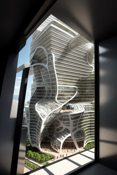 A futuristic and stunningly beautiful high-rise shopping center architectural structure with bold, futuristic design elements, blending seamlessly into the art form of digital illustration. Inspired by the works of Syd Mead. The scene showcases the center amidst a bustling city, its sleek lines contrasting with the urban environment. A warm color temperature adds vibrancy, highlighting the architectural details. Shoppers and visitors exhibit expressions of awe and excitement. Illuminated by soft, diffused lighting, the atmosphere exudes sophistication and promise of tomorrow
(masterpiece),(high quality), best quality, real,(realistic), super detailed, (full detail),(4k),8k,no humans, scenery, building, ((500-meter tall buildings)),outdoors, window, road, sky, street, lamppost, tree, power lines,,Organic modernist architecture, glass curtain walls, interesting shapes, super high-rise buildings in the block