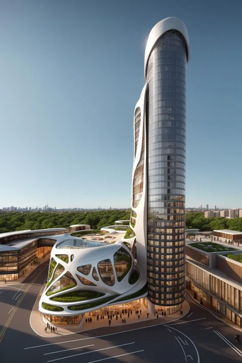 A futuristic and stunningly beautiful high-rise shopping center architectural structure with bold, futuristic design elements, blending seamlessly into the art form of digital illustration. Inspired by the works of Syd Mead. The scene showcases the center amidst a bustling city, its sleek lines contrasting with the urban environment. A warm color temperature adds vibrancy, highlighting the architectural details. Shoppers and visitors exhibit expressions of awe and excitement. Illuminated by soft, diffused lighting, the atmosphere exudes sophistication and promise of tomorrow
(masterpiece),(high quality), best quality, real,(realistic), super detailed, (full detail),(4k),8k,no humans, scenery, building, ((500-meter tall buildings)),outdoors, window, road, sky, street, lamppost, tree, power lines,,Organic modernist architecture, glass curtain walls, interesting shapes, super high-rise buildings in the block