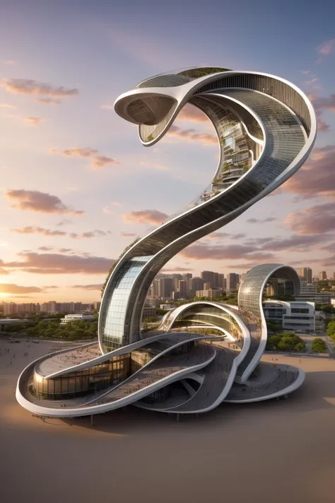 A futuristic and stunningly beautiful high-rise shopping center architectural structure with bold, futuristic design elements, blending seamlessly into the art form of digital illustration. Inspired by the works of Syd Mead. The scene showcases the center amidst a bustling city, its sleek lines contrasting with the urban environment. A warm color temperature adds vibrancy, highlighting the architectural details. Shoppers and visitors exhibit expressions of awe and excitement. Illuminated by soft, diffused lighting, the atmosphere exudes sophistication and promise of tomorrow, (sunset lighting:1.4), shadows, high dynamic range, (beach building:1.4)
(masterpiece),(high quality), best quality, real,(realistic), super detailed, (full detail),(4k),8k,no humans, scenery, building, ((500-meter tall buildings)),outdoors, window, road, sky, street, lamppost, tree, power lines,,Organic modernist architecture, glass curtain walls, interesting shapes, super high-rise buildings in the block