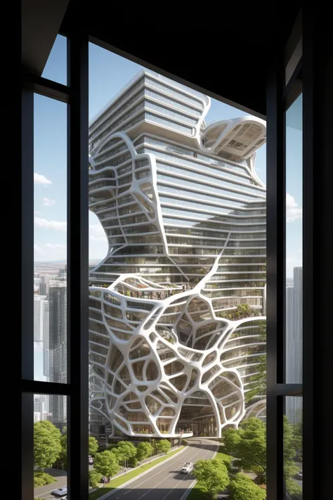 A futuristic and stunningly beautiful high-rise shopping center architectural structure with bold, futuristic design elements, blending seamlessly into the art form of digital illustration. Inspired by the works of Syd Mead. The scene showcases the center amidst a bustling city, its sleek lines contrasting with the urban environment. A warm color temperature adds vibrancy, highlighting the architectural details. Shoppers and visitors exhibit expressions of awe and excitement. Illuminated by soft, diffused lighting, the atmosphere exudes sophistication and promise of tomorrow
(masterpiece),(high quality), best quality, real,(realistic), super detailed, (full detail),(4k),8k,no humans, scenery, building, ((500-meter tall buildings)),outdoors, window, road, sky, street, lamppost, tree, power lines,,Organic modernist architecture, glass curtain walls, interesting shapes, super high-rise buildings in the block