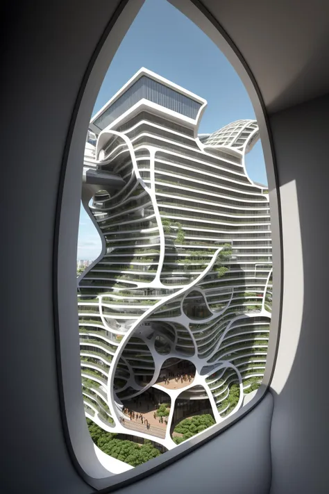 A futuristic and stunningly beautiful high-rise shopping center architectural structure with bold, futuristic design elements, blending seamlessly into the art form of digital illustration. Inspired by the works of Syd Mead. The scene showcases the center amidst a bustling city, its sleek lines contrasting with the urban environment. A warm color temperature adds vibrancy, highlighting the architectural details. Shoppers and visitors exhibit expressions of awe and excitement. Illuminated by soft, diffused lighting, the atmosphere exudes sophistication and promise of tomorrow
(masterpiece),(high quality), best quality, real,(realistic), super detailed, (full detail),(4k),8k,no humans, scenery, building, ((500-meter tall buildings)),outdoors, window, road, sky, street, lamppost, tree, power lines,,Organic modernist architecture, glass curtain walls, interesting shapes, super high-rise buildings in the block